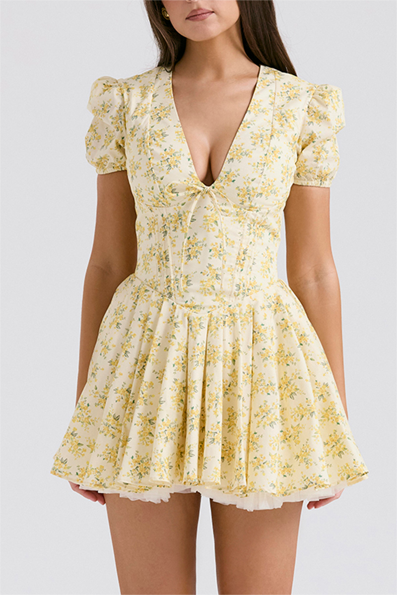 French Sweet Yellow Puff Sleeve Dress