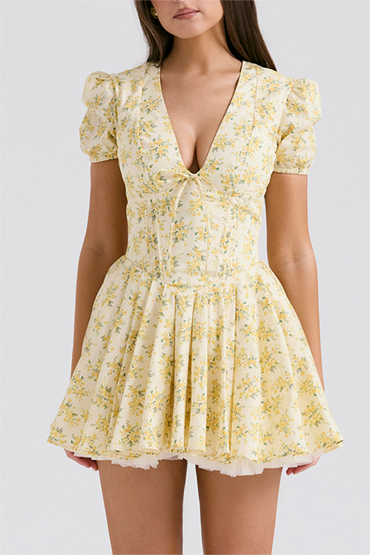 French Sweet Yellow Puff Sleeve Dress