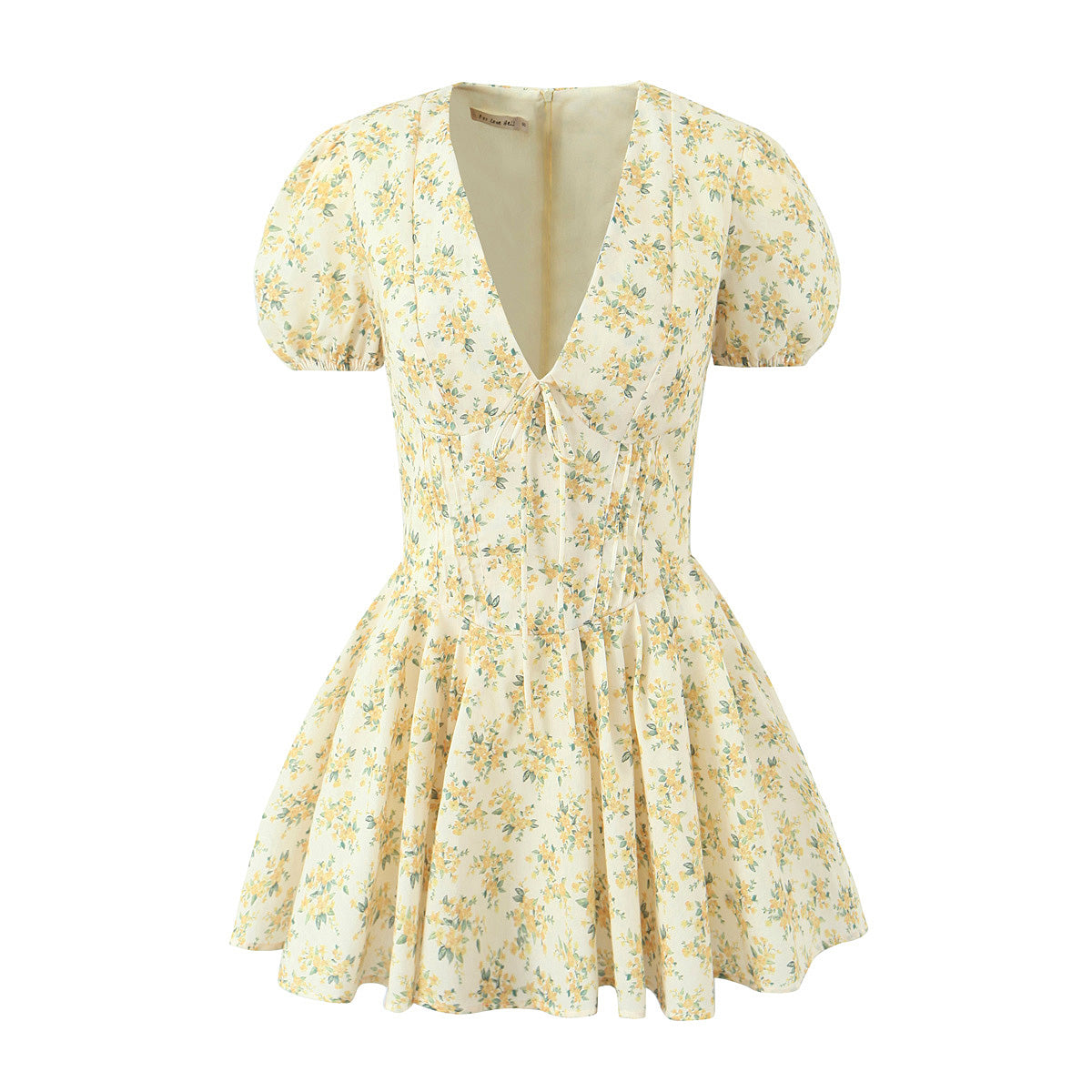 French Sweet Yellow Puff Sleeve Dress