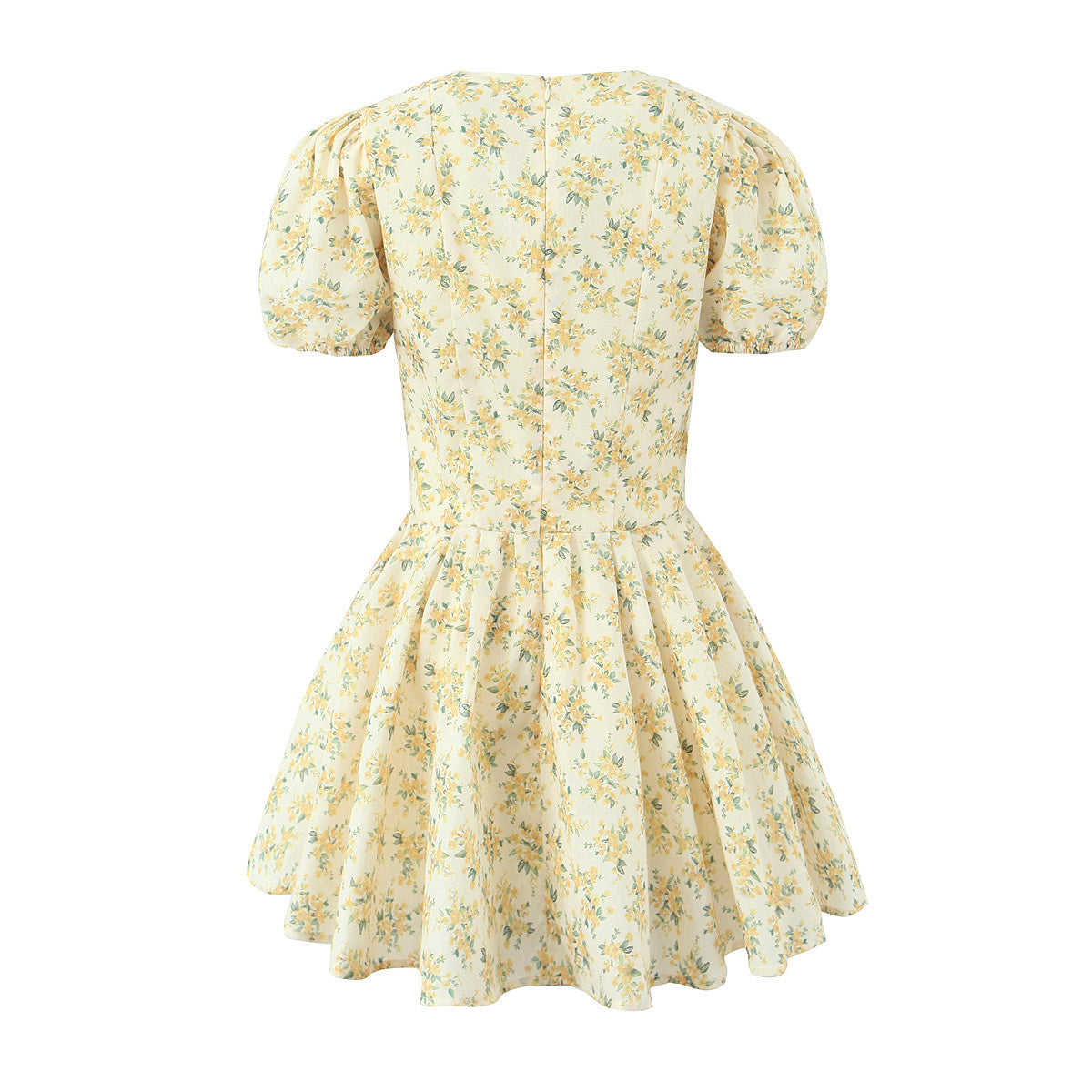 French Sweet Yellow Puff Sleeve Dress