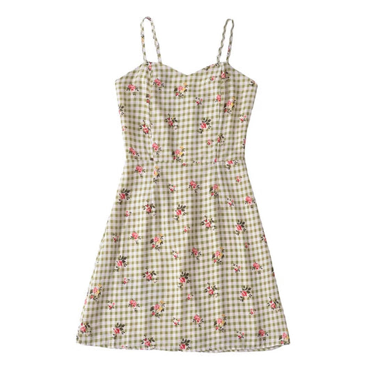 French Pastoral Plaid Slip Dress