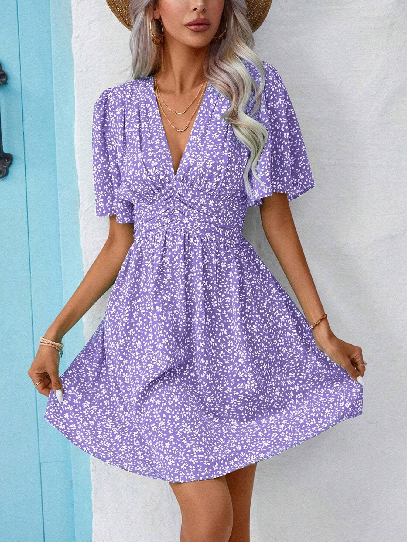 V neck Middle Sleeve Floral Print High Waist Dress