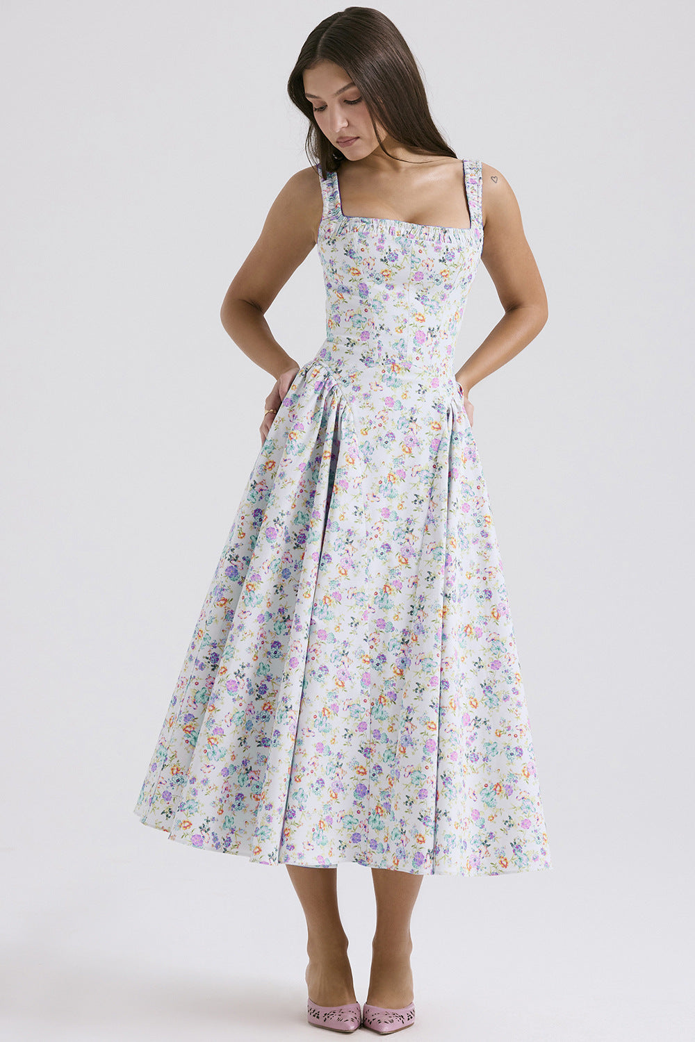 Floral Bohemian Slim Backless Mid Length Dress