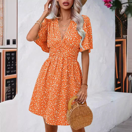 V neck Middle Sleeve Floral Print High Waist Dress