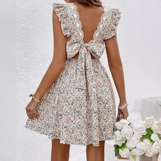 Floral Print Ruffles V neck Dress