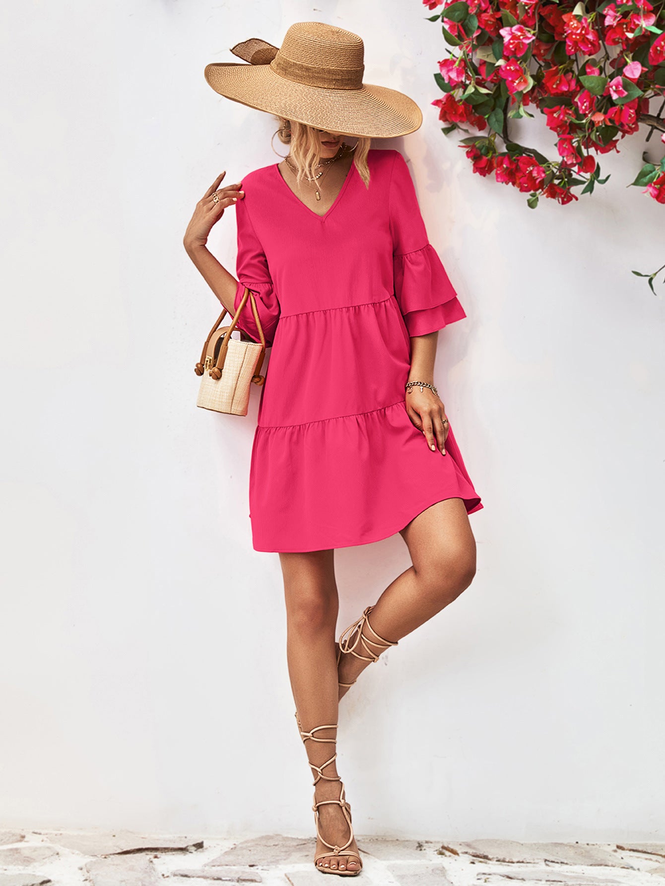 Double Layer Bell Sleeve V Neck Doll Dress