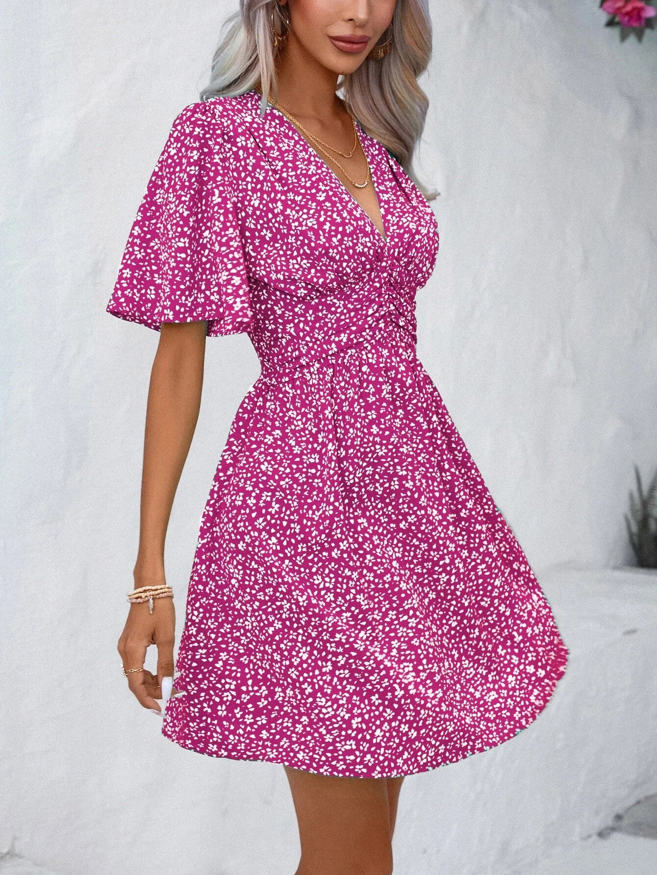 V neck Middle Sleeve Floral Print High Waist Dress