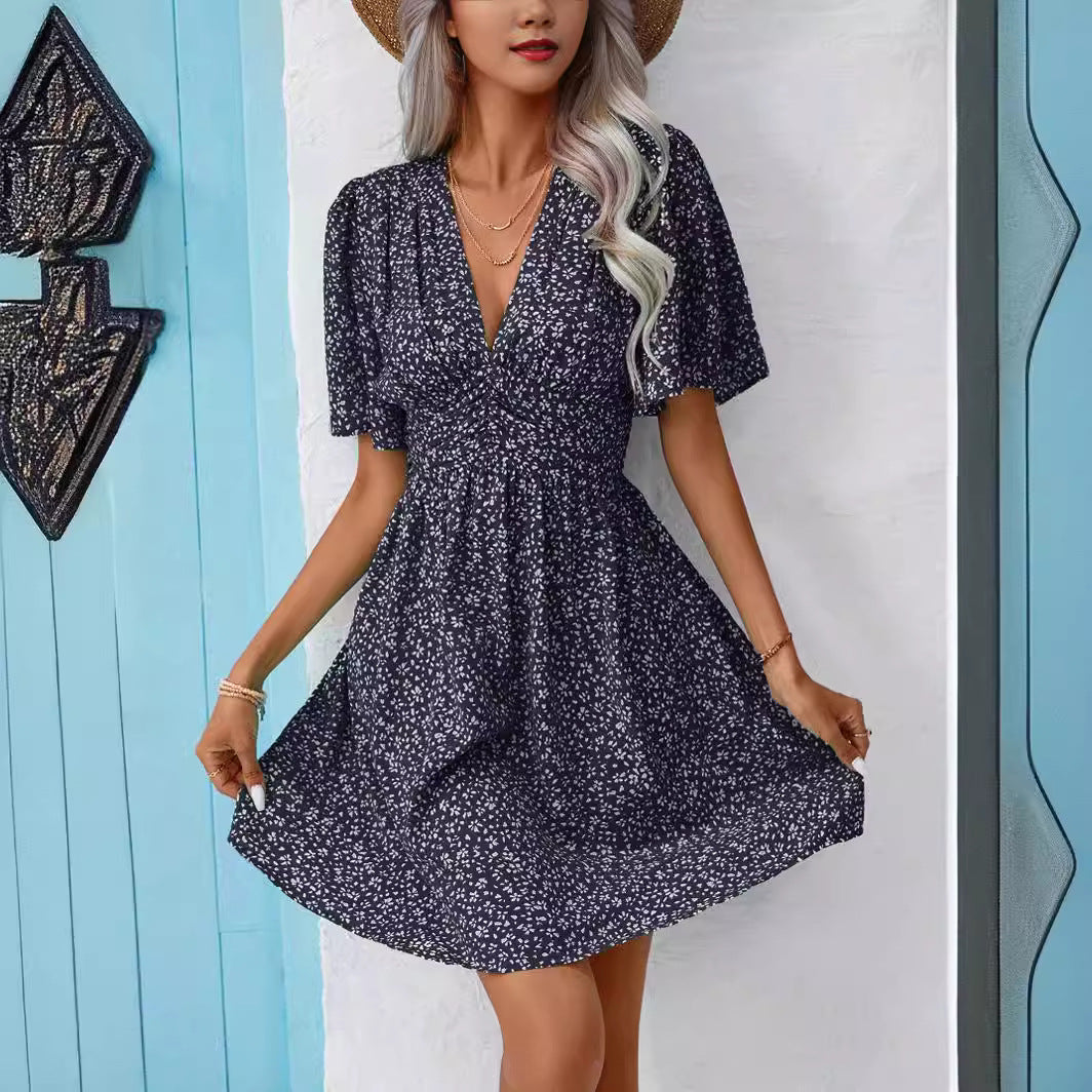 V neck Middle Sleeve Floral Print High Waist Dress