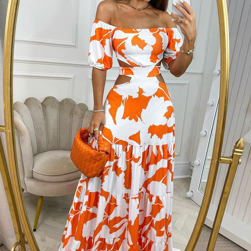 Elegant Off Shoulder High Waist Cutout Ruffled Dress