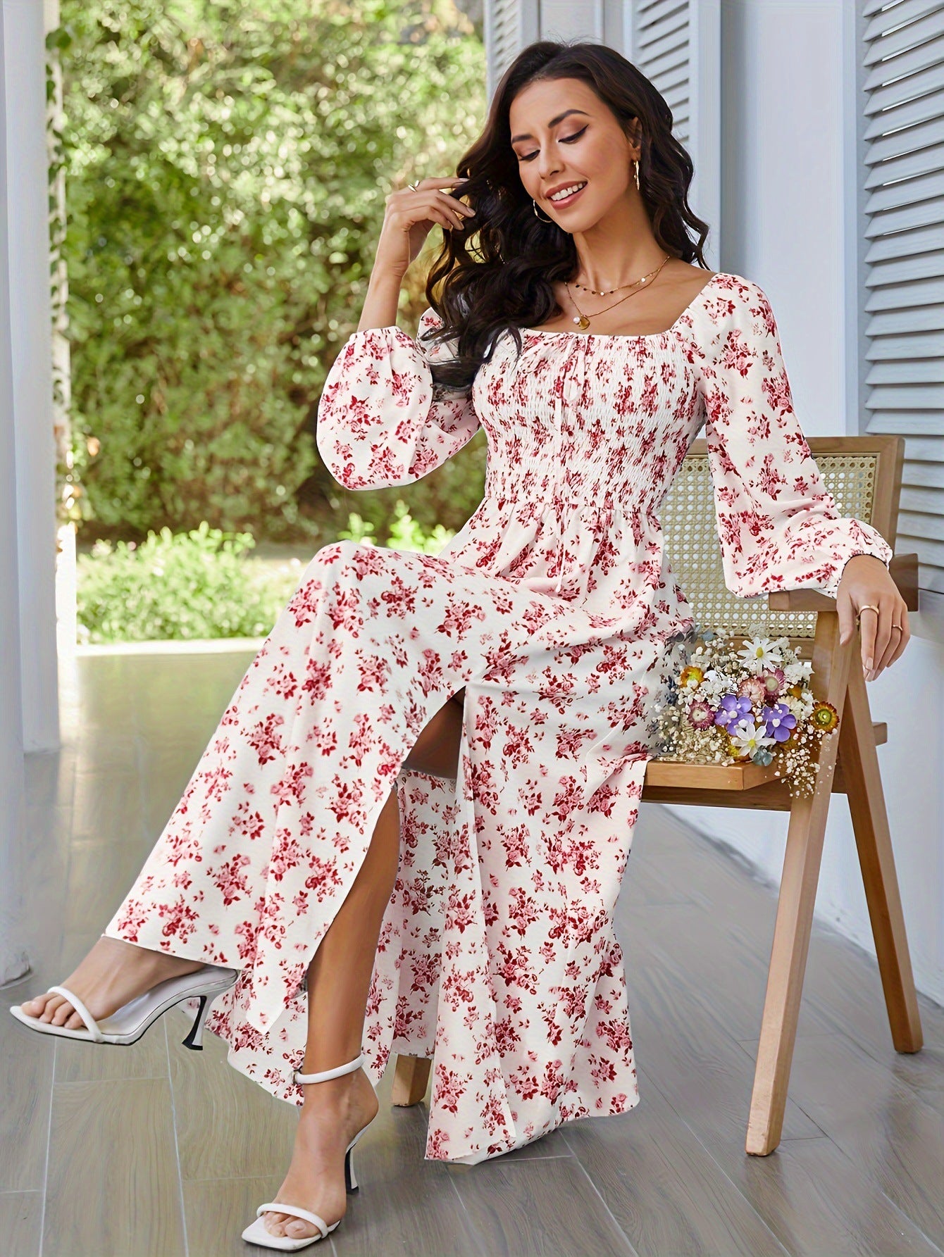 Spring Square Collar Smocking Long Sleeve Slit Floral Dress