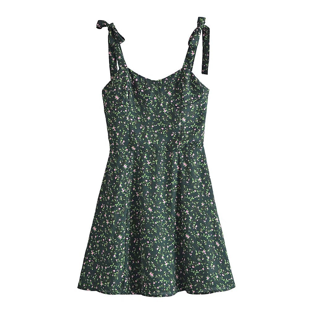 Summer Retro Casual Dark Green Floral Dress