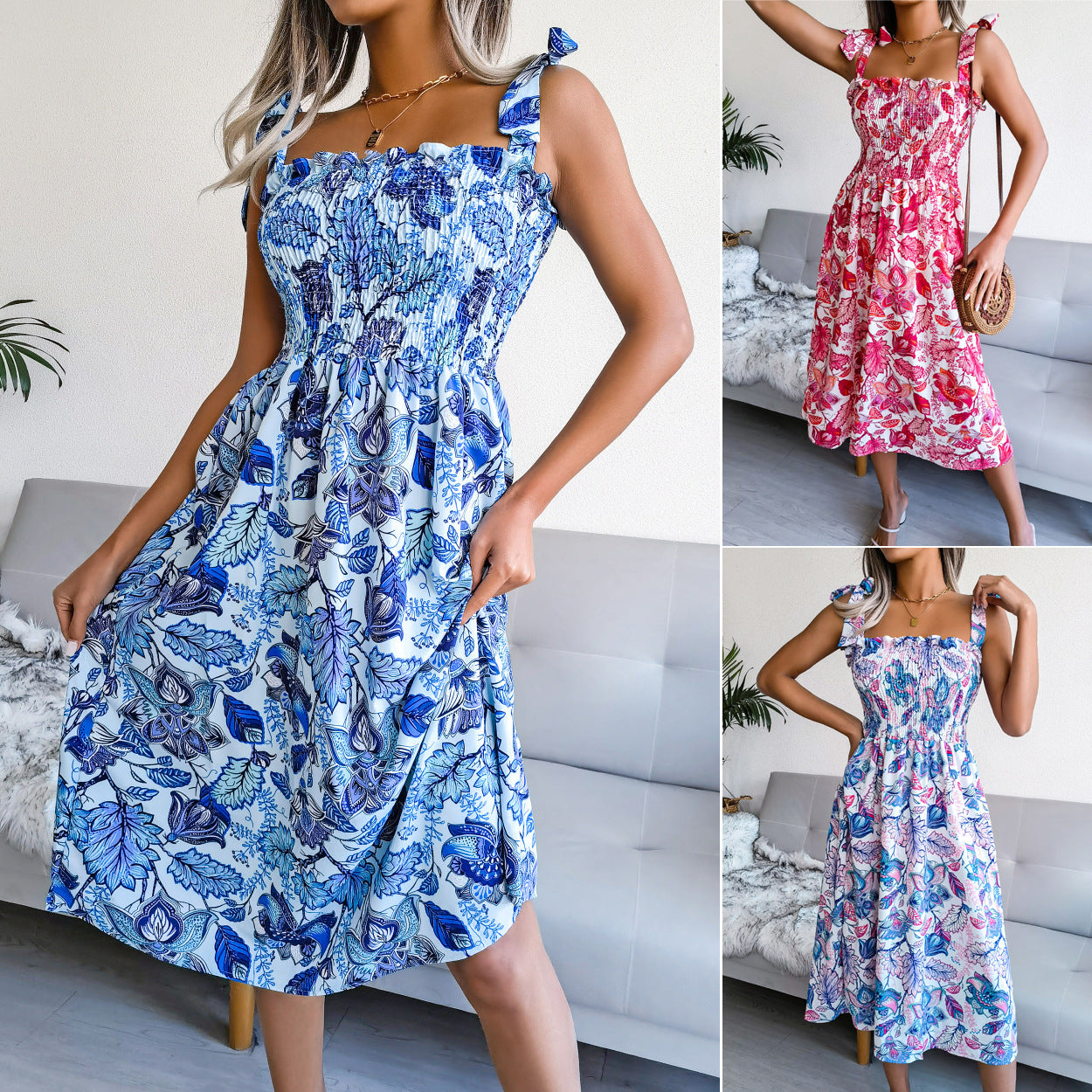 Sleeveless Strap Floral Midi Sundress