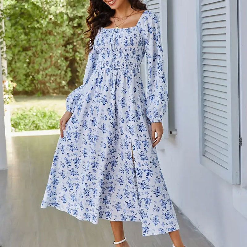 Spring Square Collar Smocking Long Sleeve Slit Floral Dress