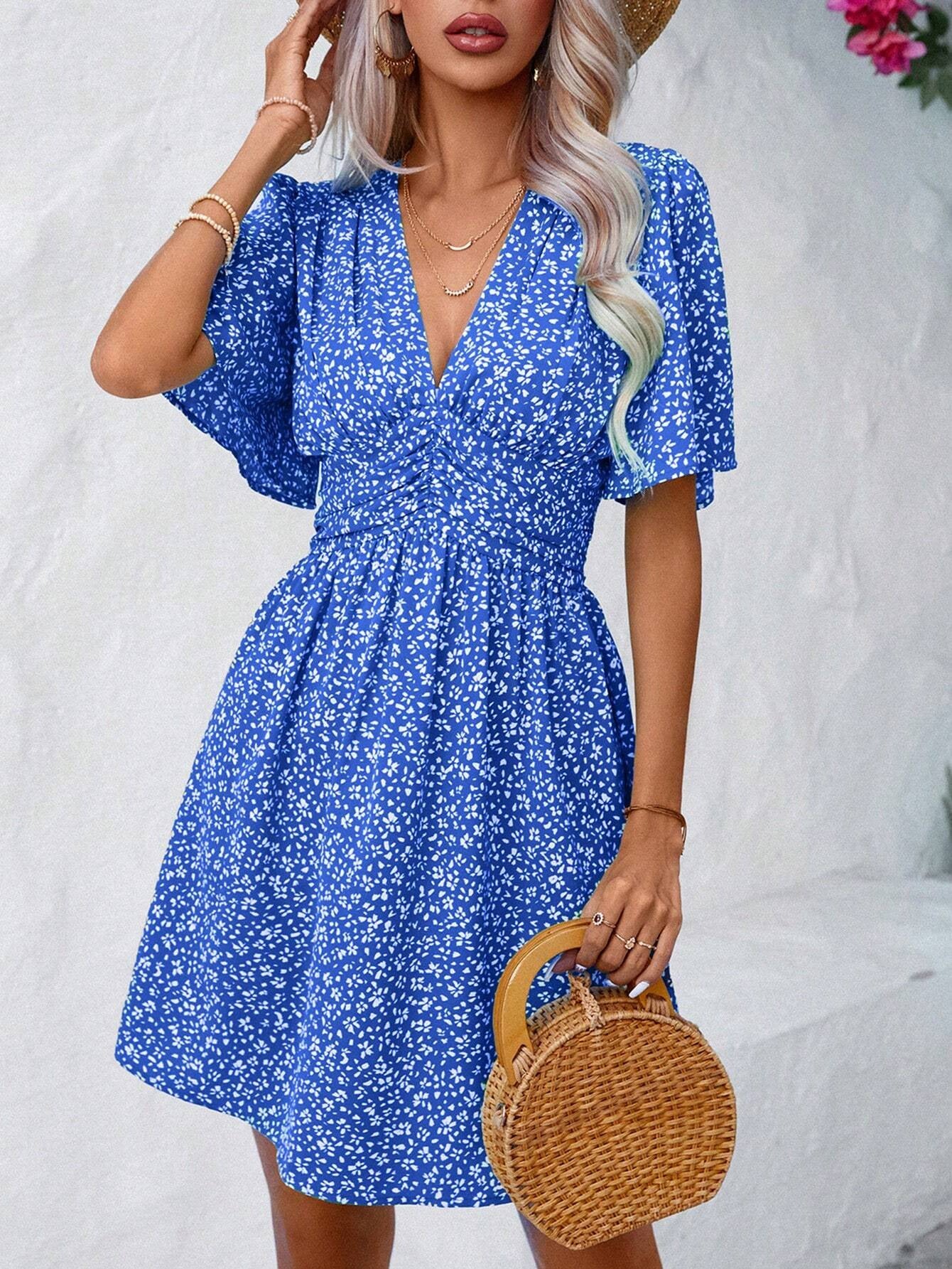 V neck Middle Sleeve Floral Print High Waist Dress